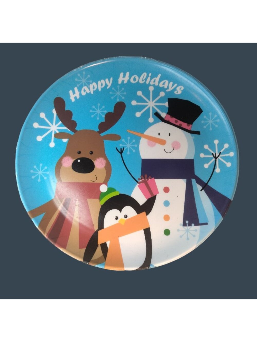 Happy Holidays Decorative Plate Reindeer Snowman Penguin